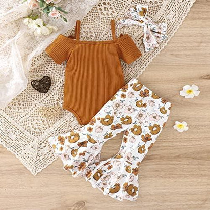 Newborn Baby Girl Clothes Infant Rib Frill Long Sleeve Romper Floral Flared Pants Headband 3pcs Fall Winter Outfits - KevRow5760