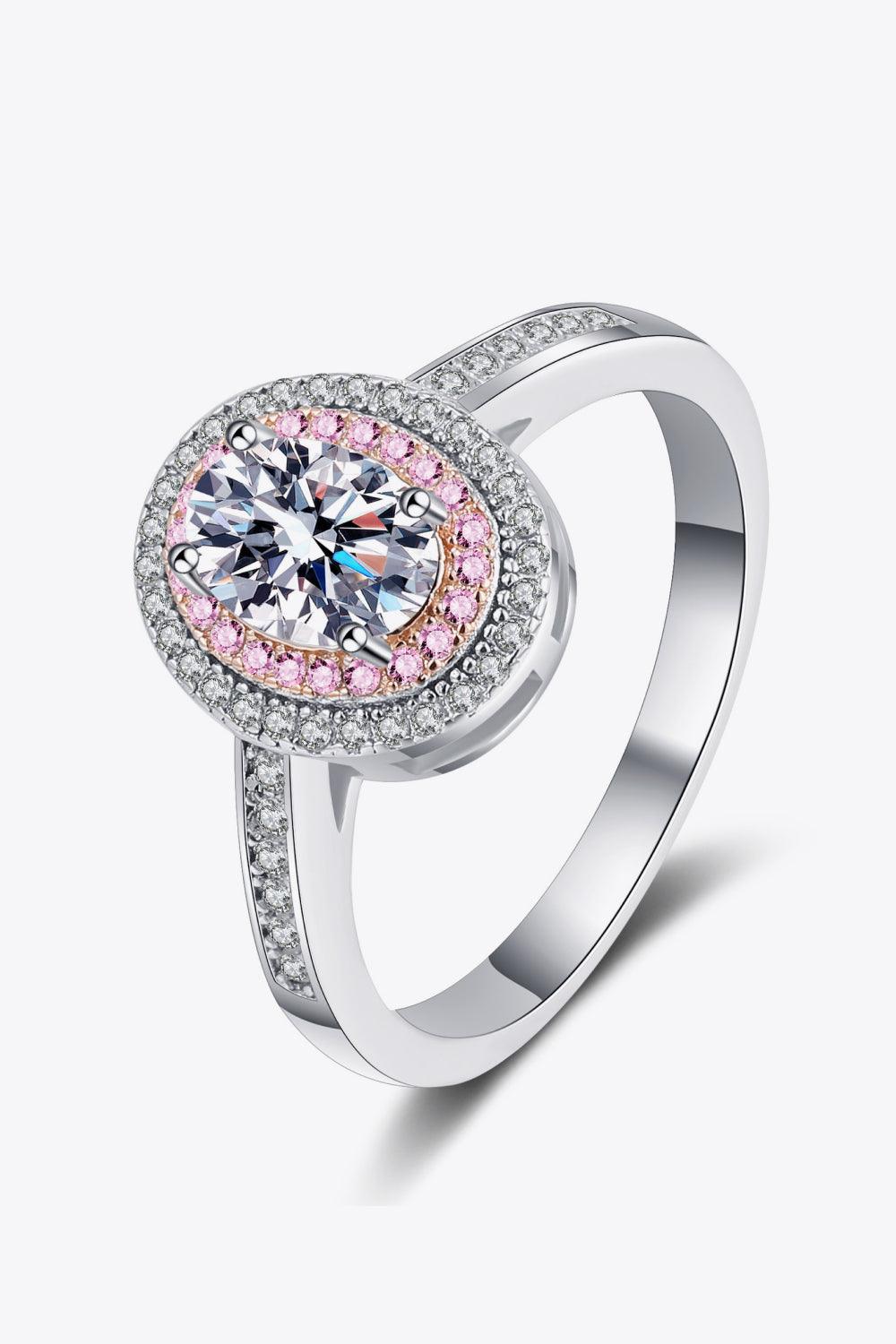 Elegant 1 Carat Moissanite Sterling Silver Halo Ring with Sparkling Round Cut Center Stone and Glittering Pink and White Accent Stones