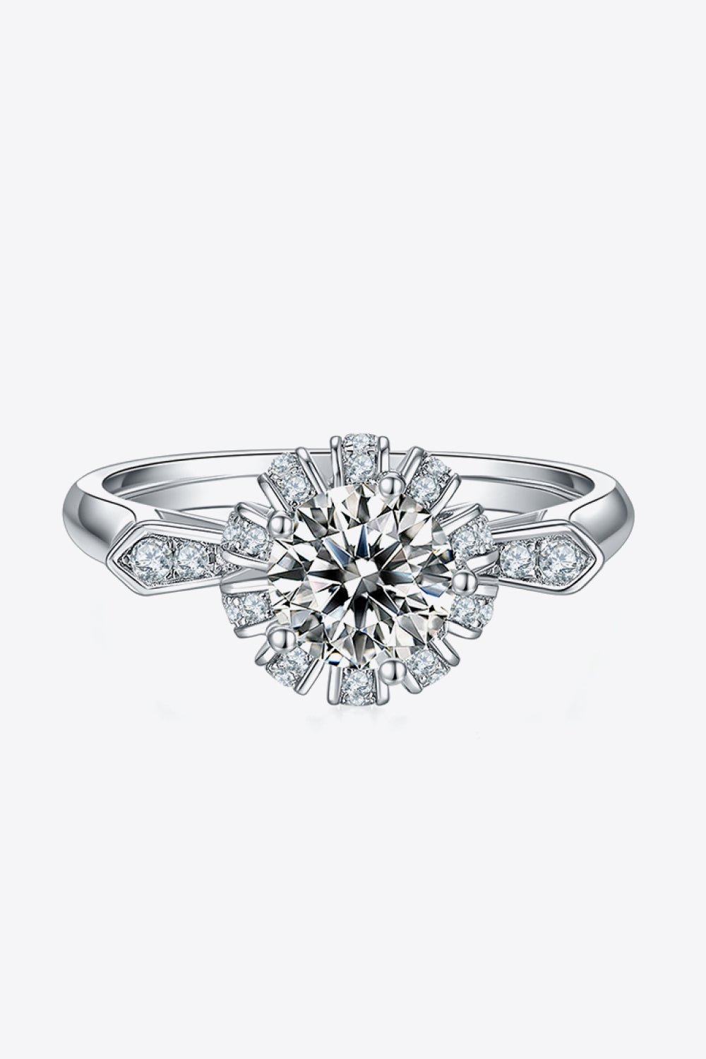 Stunning 1 Carat Moissanite 925 Sterling Silver Ring with a sparkling centerpiece and delicate accents, showcasing elegant craftsmanship.