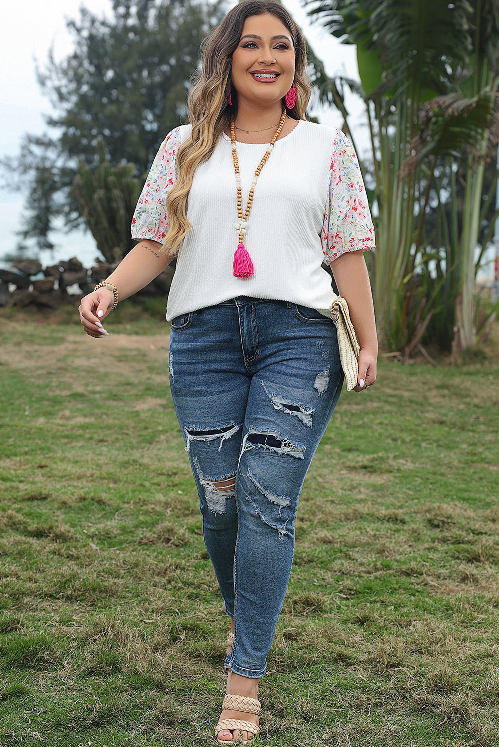 White Contrast Floral Puff Sleeve Ribbed Knit Plus Size Blouse