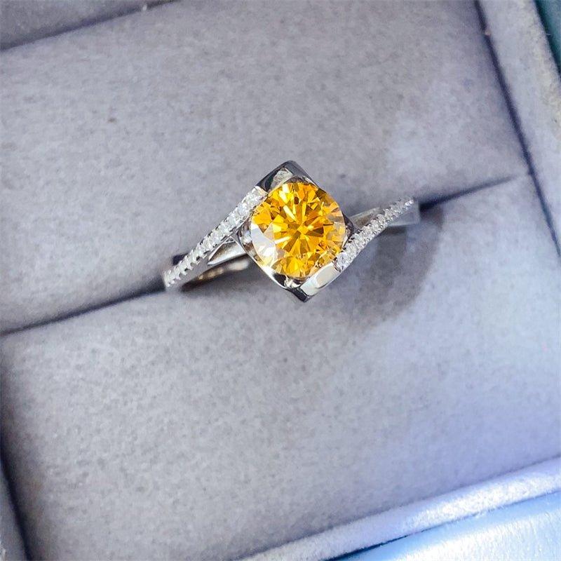 Elegant yellow citrine gemstone ring set in sterling silver frame with accent diamonds