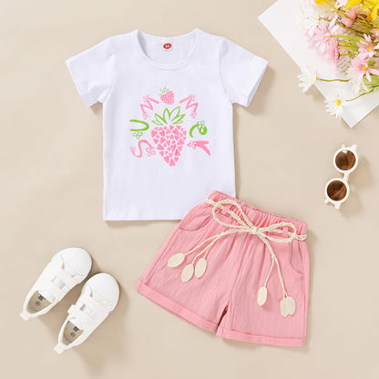 YOUNGER TREE Toddler Baby Girls Clothes Watermelon T-shirt + Linen Shorts with Belt Cute Summer Short Set