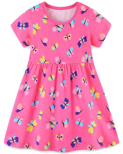 Bumeex Toddler Girl Clothes Cotton Casual Cartoon Print Short Sleeve Dress Girls Sundress 1-7 Years