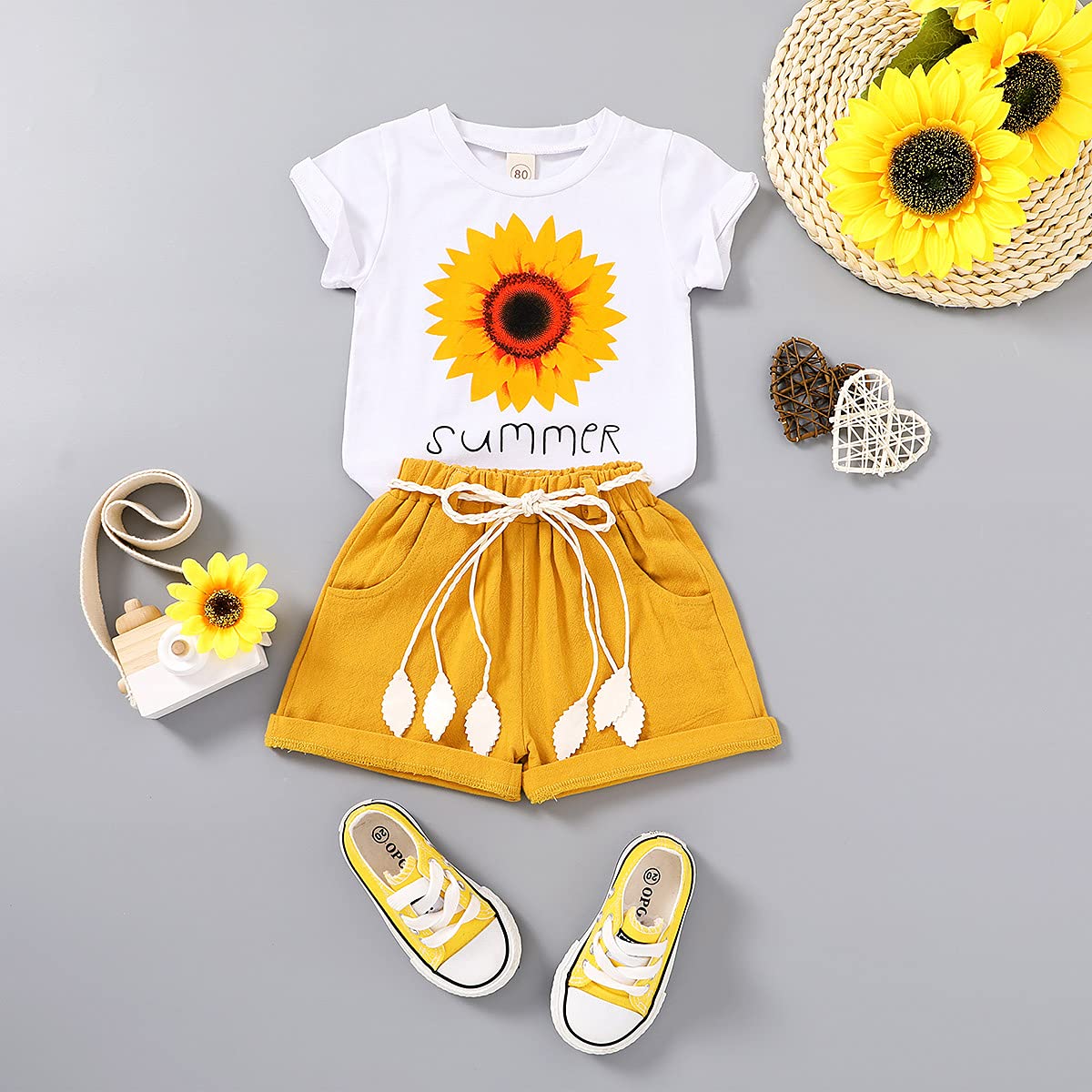 YOUNGER TREE Toddler Baby Girls Clothes Watermelon T-shirt + Linen Shorts with Belt Cute Summer Short Set