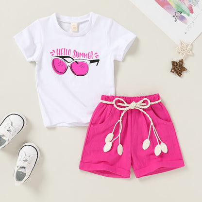 YOUNGER TREE Toddler Baby Girls Clothes Watermelon T-shirt + Linen Shorts with Belt Cute Summer Short Set