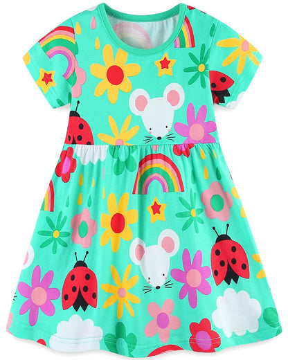 Bumeex Toddler Girl Clothes Cotton Casual Cartoon Print Short Sleeve Dress Girls Sundress 1-7 Years