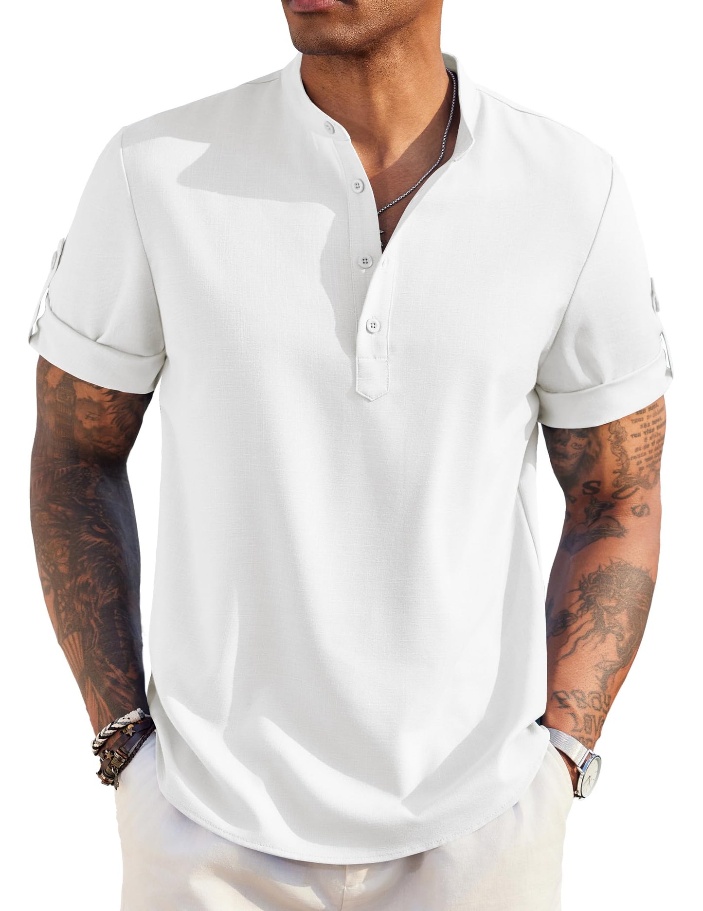 COOFANDY Men's Casual Henley Shirt Short Sleeve Band Collar Linen Shirt Summer Beach Hippie T-Shirts