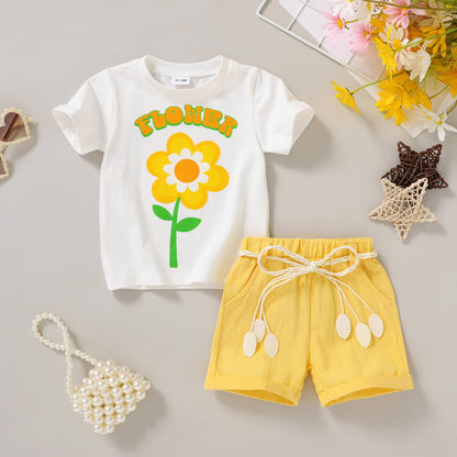 YOUNGER TREE Toddler Baby Girls Clothes Watermelon T-shirt + Linen Shorts with Belt Cute Summer Short Set