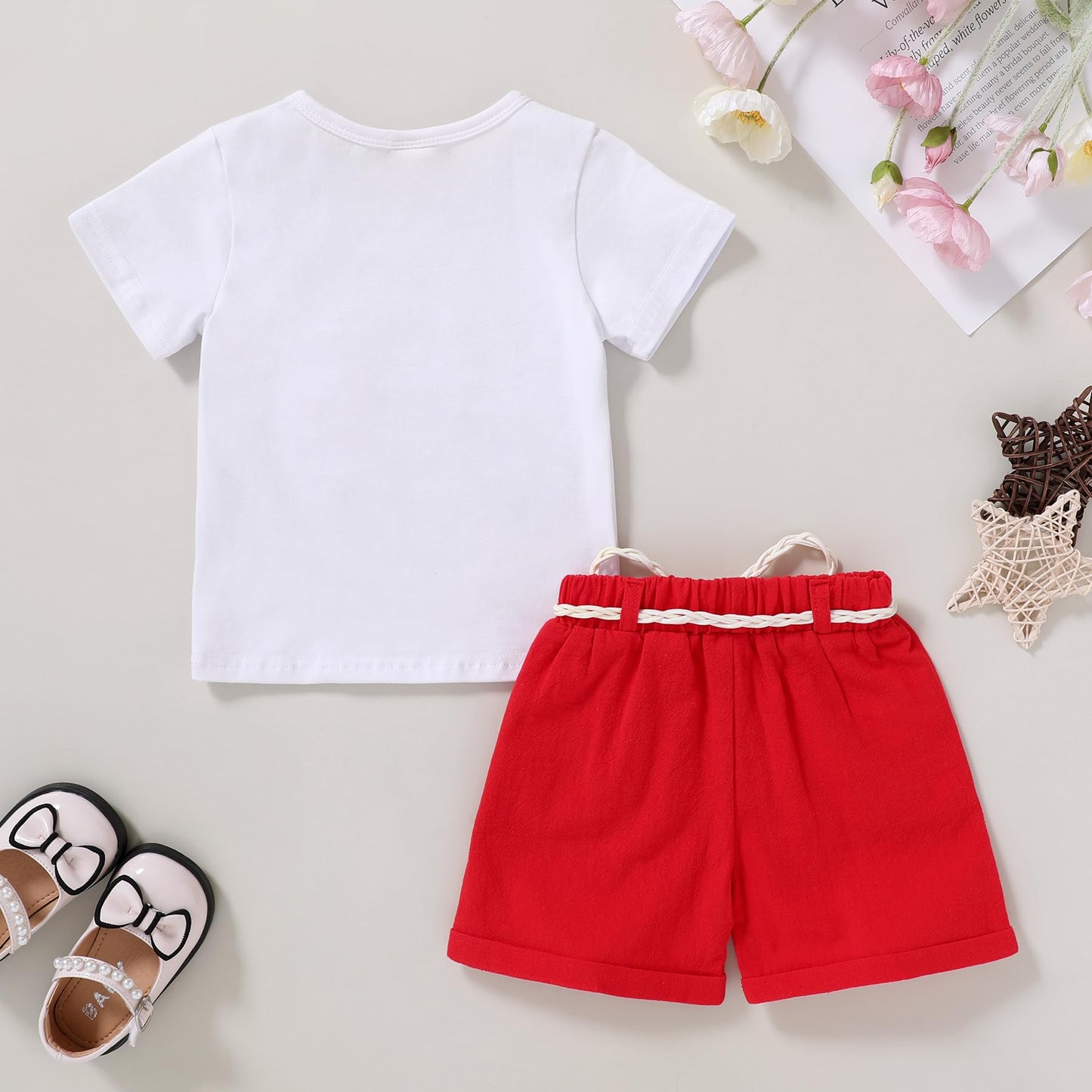 YOUNGER TREE Toddler Baby Girls Clothes Watermelon T-shirt + Linen Shorts with Belt Cute Summer Short Set