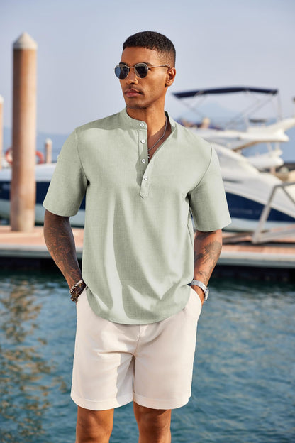 COOFANDY Men's Casual Henley Shirt Short Sleeve Band Collar Linen Shirt Summer Beach Hippie T-Shirts