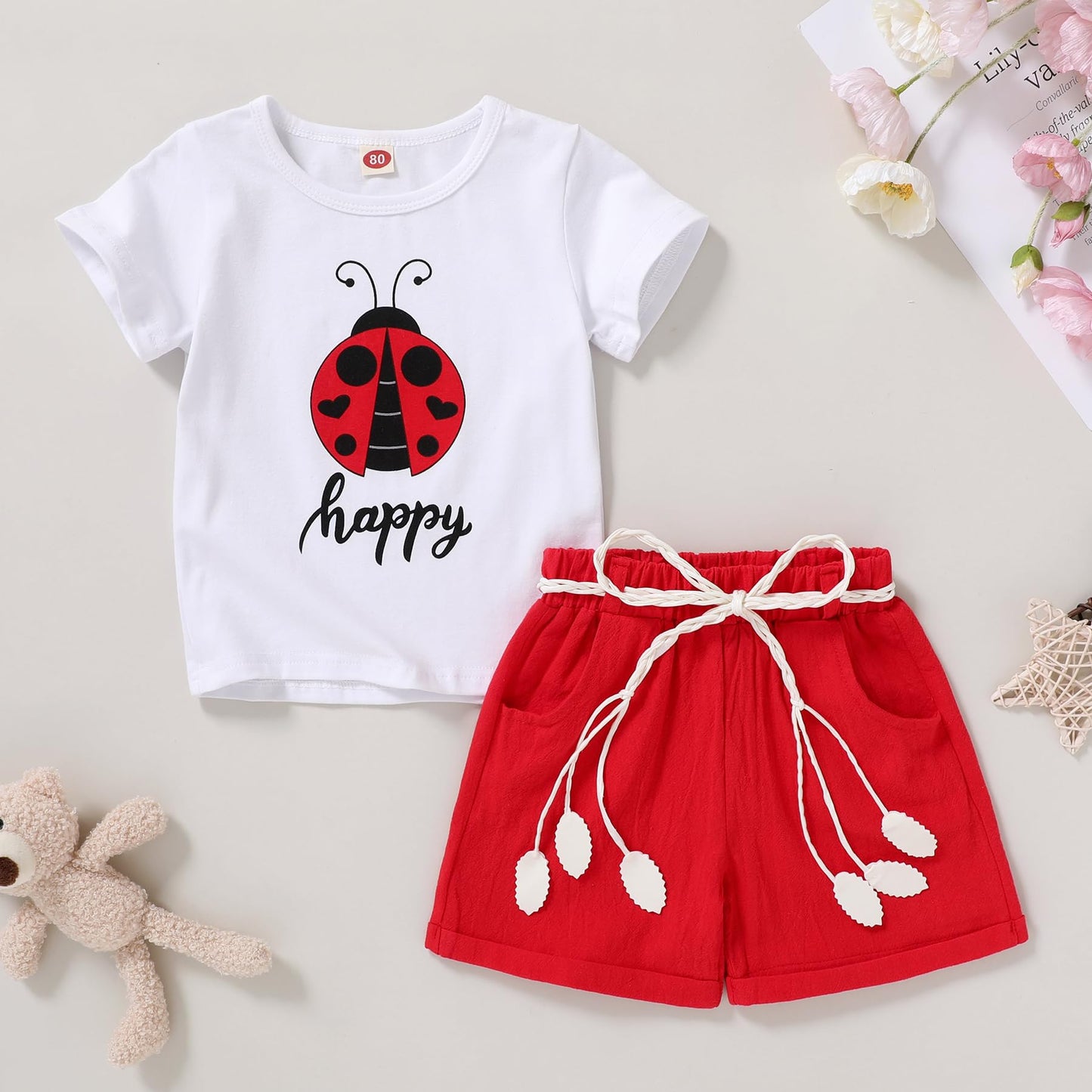 YOUNGER TREE Toddler Baby Girls Clothes Watermelon T-shirt + Linen Shorts with Belt Cute Summer Short Set