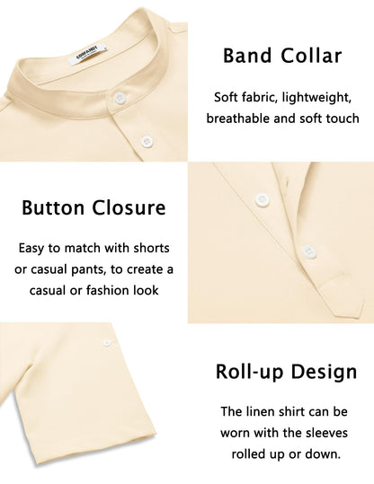 COOFANDY Men's Casual Henley Shirt Short Sleeve Band Collar Linen Shirt Summer Beach Hippie T-Shirts