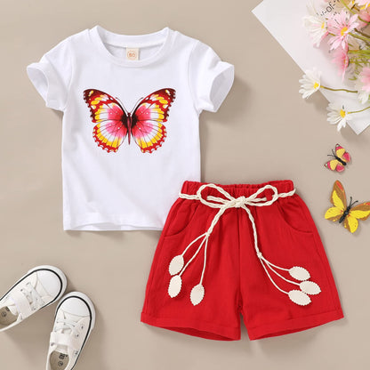 YOUNGER TREE Toddler Baby Girls Clothes Watermelon T-shirt + Linen Shorts with Belt Cute Summer Short Set