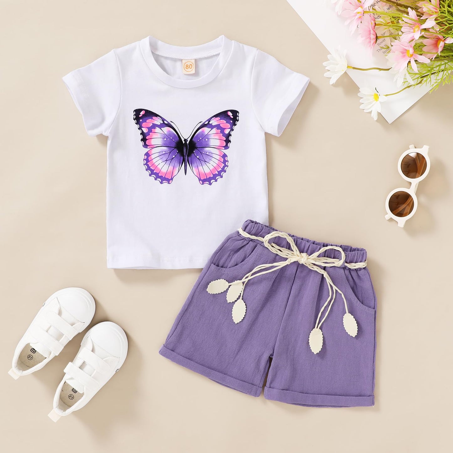 YOUNGER TREE Toddler Baby Girls Clothes Watermelon T-shirt + Linen Shorts with Belt Cute Summer Short Set