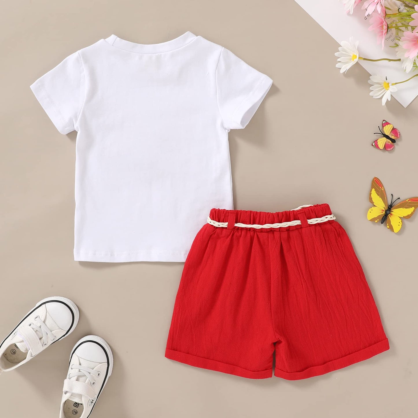 YOUNGER TREE Toddler Baby Girls Clothes Watermelon T-shirt + Linen Shorts with Belt Cute Summer Short Set