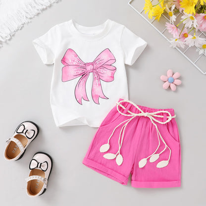 YOUNGER TREE Toddler Baby Girls Clothes Watermelon T-shirt + Linen Shorts with Belt Cute Summer Short Set