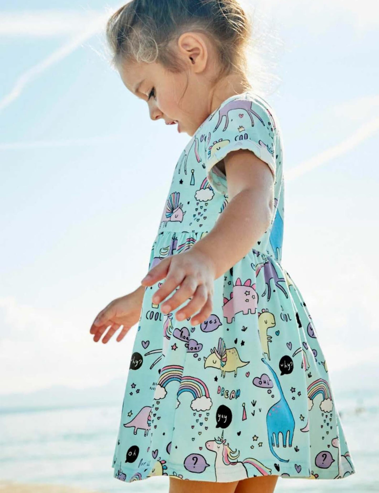 Bumeex Toddler Girl Clothes Cotton Casual Cartoon Print Short Sleeve Dress Girls Sundress 1-7 Years