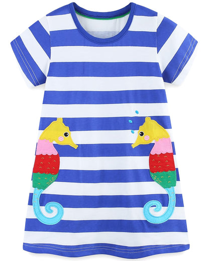 Bumeex Toddler Girl Clothes Cotton Casual Cartoon Print Short Sleeve Dress Girls Sundress 1-7 Years