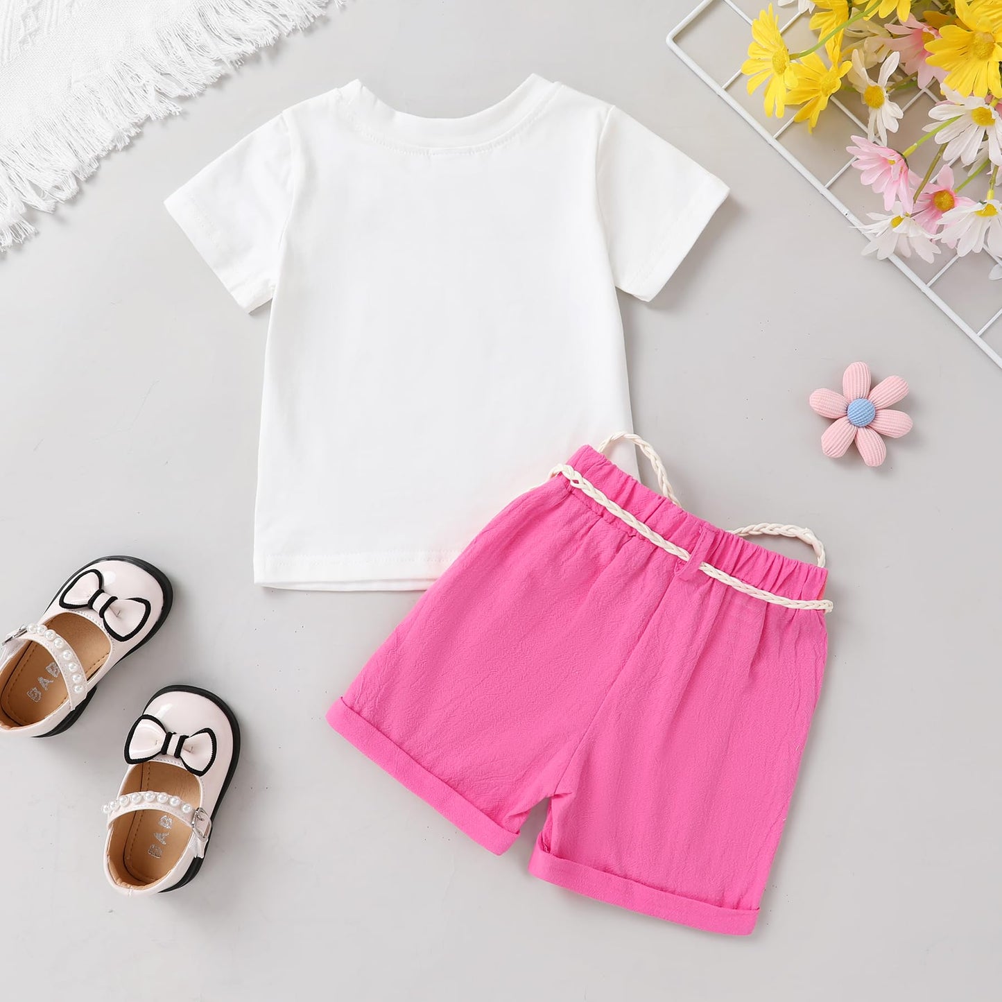 YOUNGER TREE Toddler Baby Girls Clothes Watermelon T-shirt + Linen Shorts with Belt Cute Summer Short Set