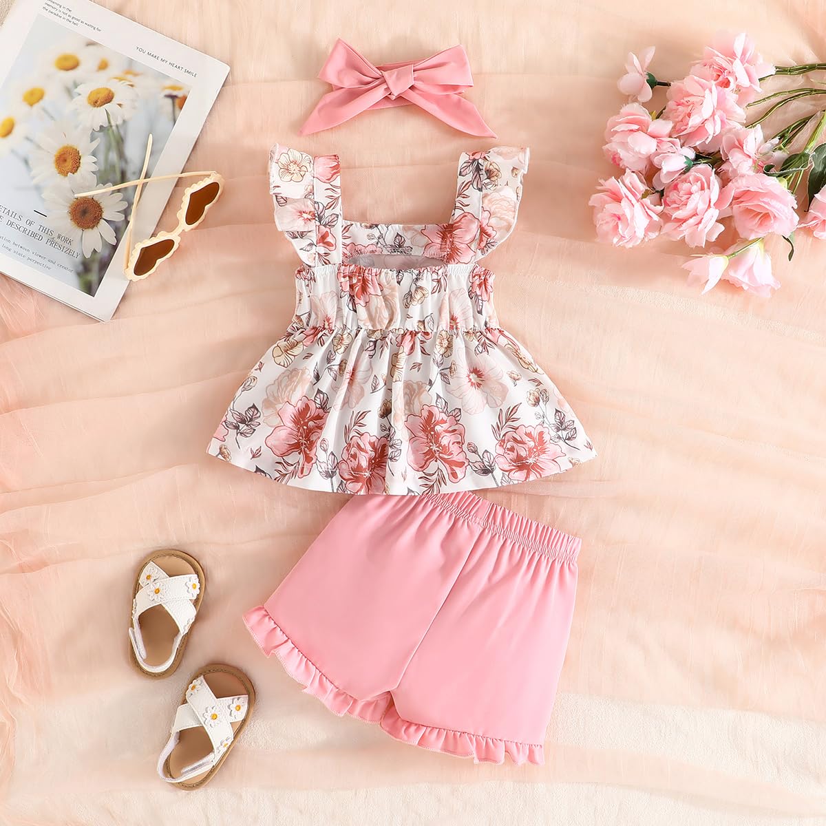 YOUNGER TREE Toddler Baby Girl Clothes Sleeveless Ruffle Bowknot Dress Top Shorts Set Summer Outfits for Little Kids Girls