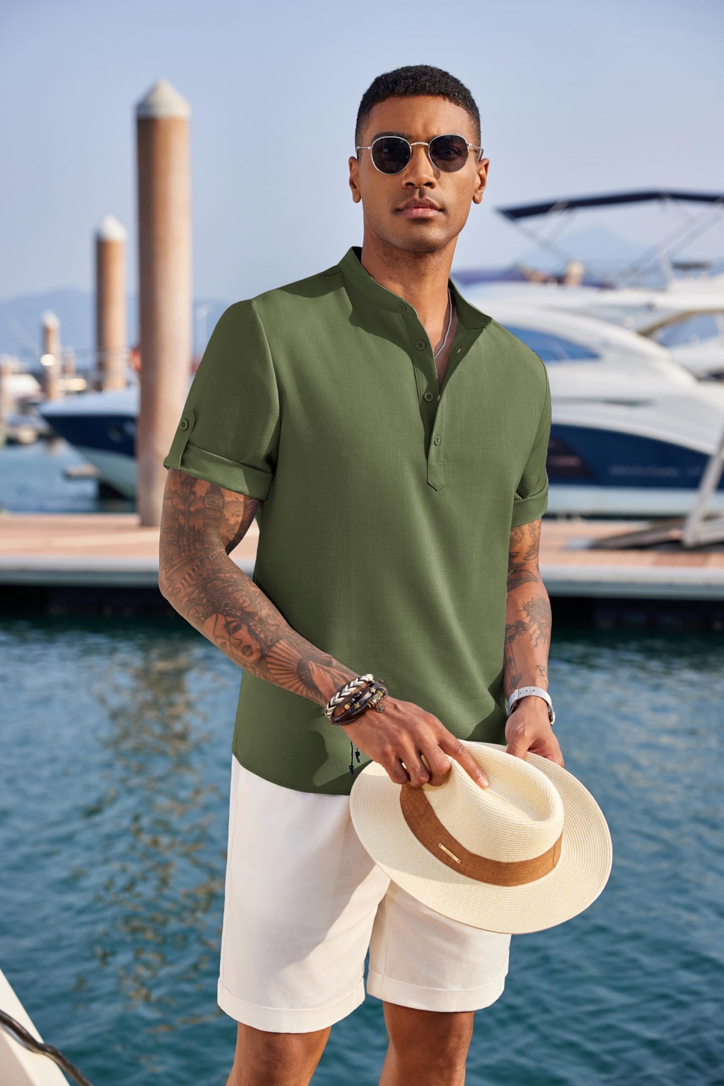 COOFANDY Men's Casual Henley Shirt Short Sleeve Band Collar Linen Shirt Summer Beach Hippie T-Shirts