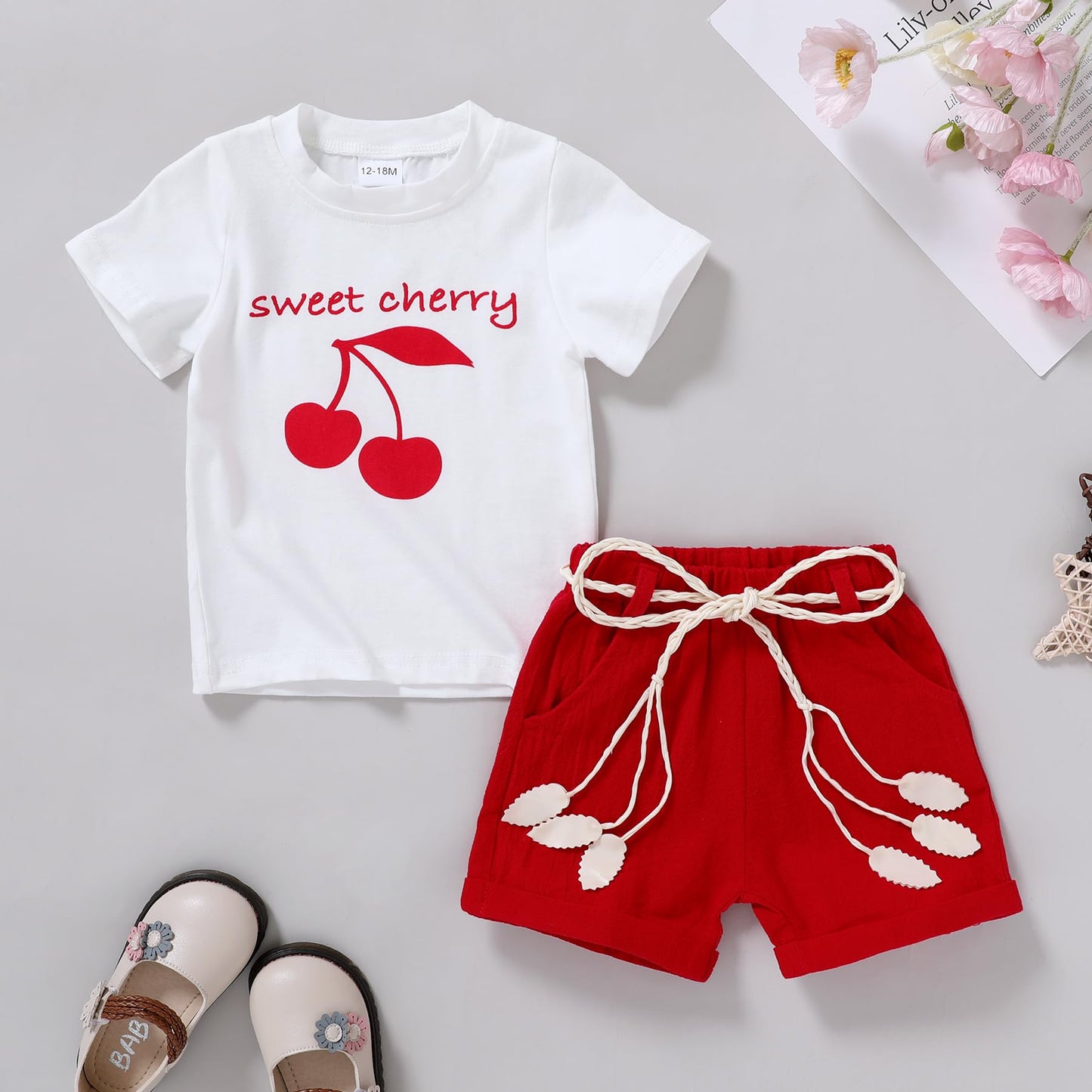 YOUNGER TREE Toddler Baby Girls Clothes Watermelon T-shirt + Linen Shorts with Belt Cute Summer Short Set