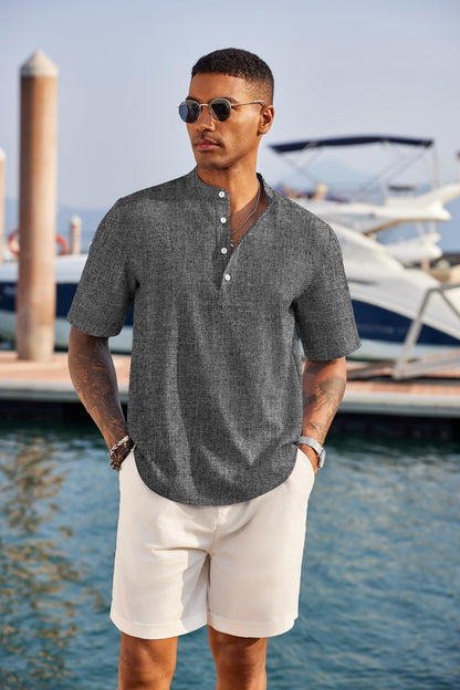 COOFANDY Men's Casual Henley Shirt Short Sleeve Band Collar Linen Shirt Summer Beach Hippie T-Shirts