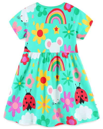 Bumeex Toddler Girl Clothes Cotton Casual Cartoon Print Short Sleeve Dress Girls Sundress 1-7 Years