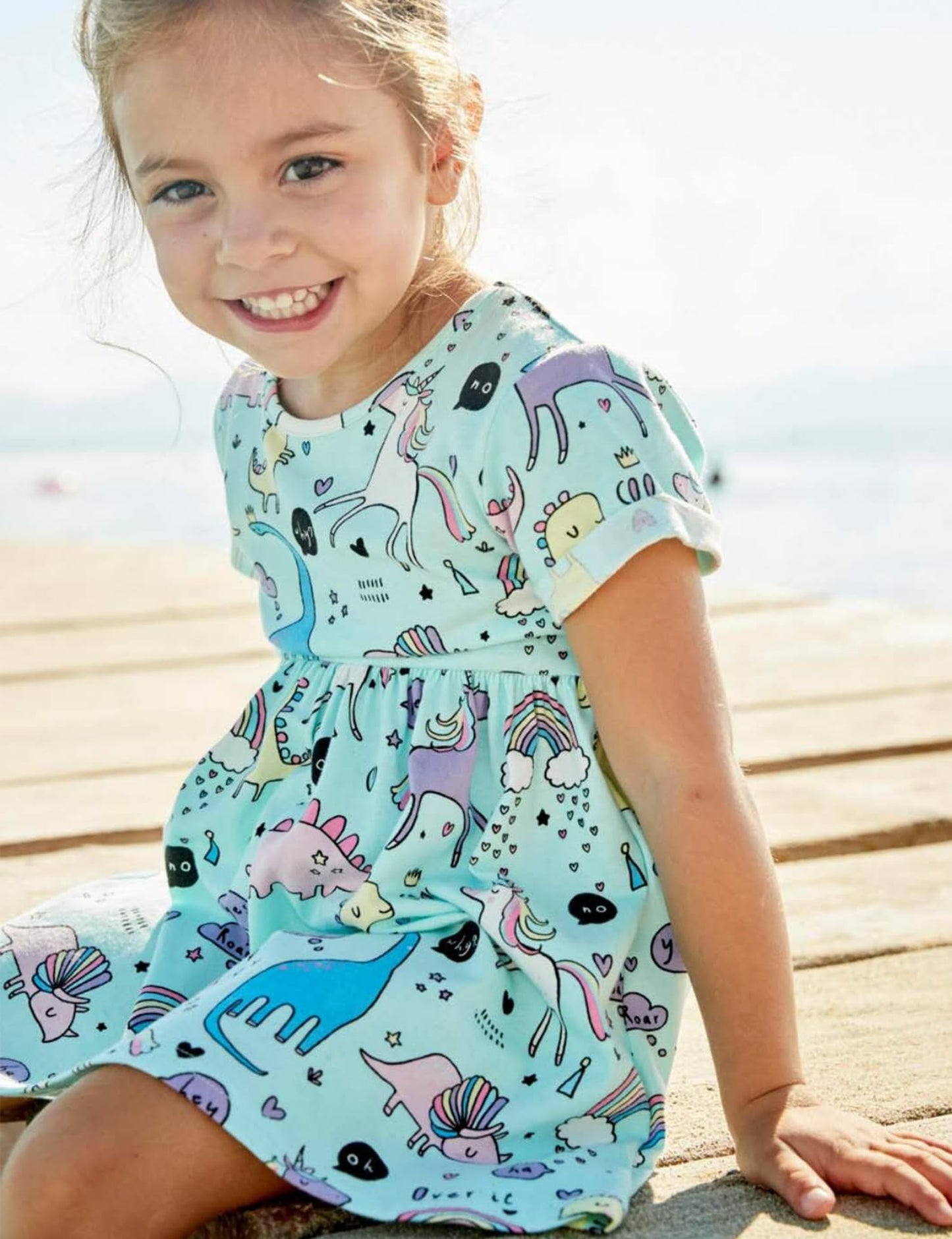 Bumeex Toddler Girl Clothes Cotton Casual Cartoon Print Short Sleeve Dress Girls Sundress 1-7 Years