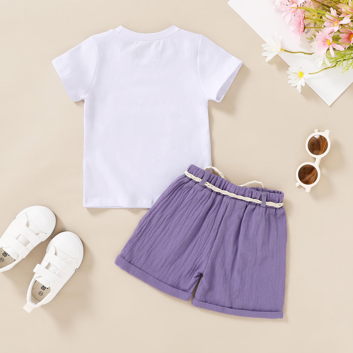 YOUNGER TREE Toddler Baby Girls Clothes Watermelon T-shirt + Linen Shorts with Belt Cute Summer Short Set