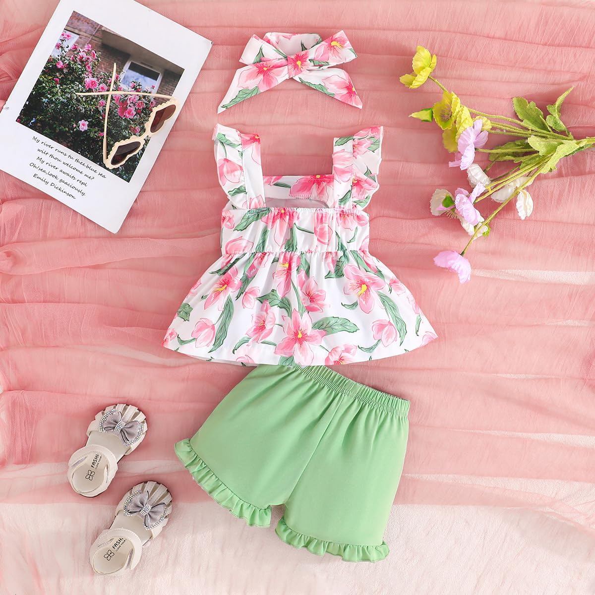 YOUNGER TREE Toddler Baby Girl Clothes Sleeveless Ruffle Bowknot Dress Top Shorts Set Summer Outfits for Little Kids Girls