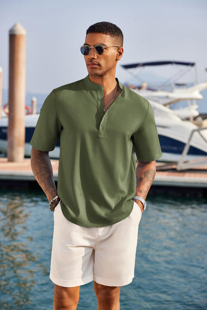 COOFANDY Men's Casual Henley Shirt Short Sleeve Band Collar Linen Shirt Summer Beach Hippie T-Shirts