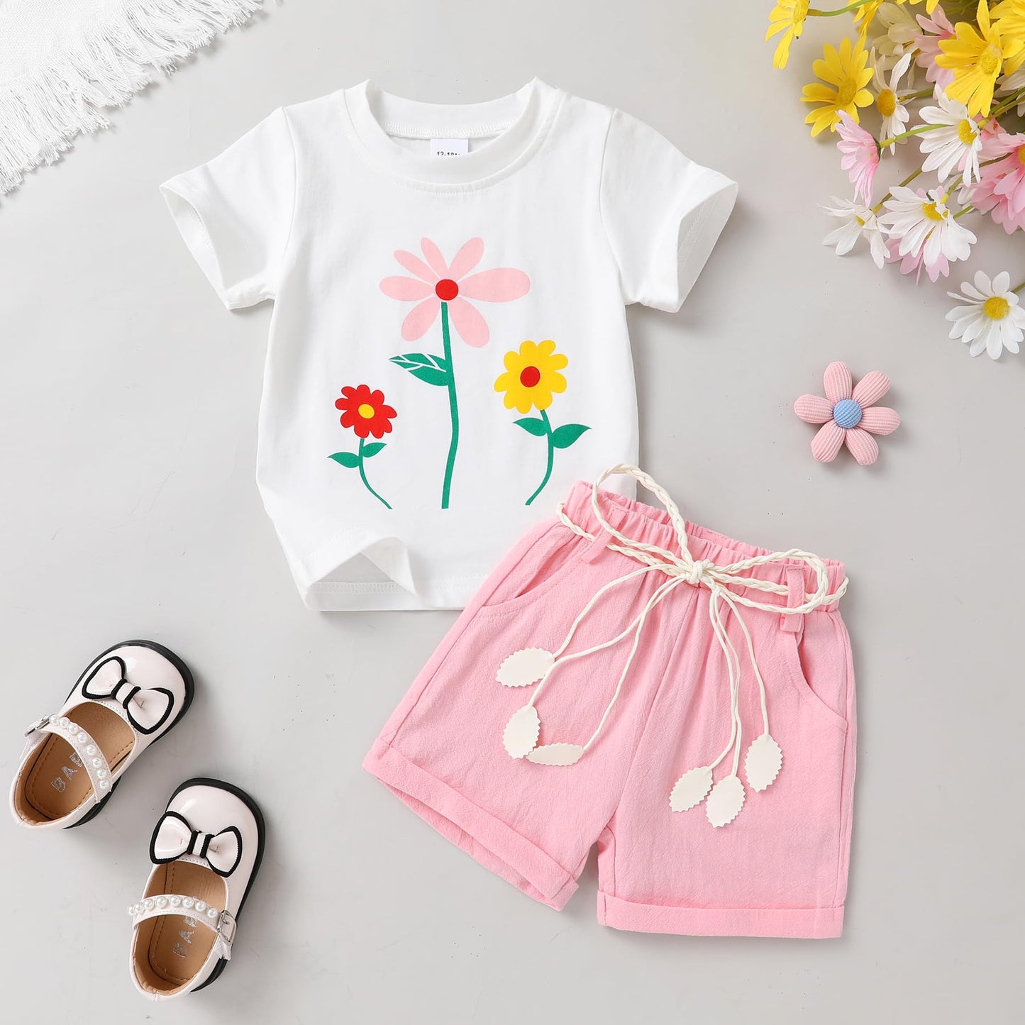 YOUNGER TREE Toddler Baby Girls Clothes Watermelon T-shirt + Linen Shorts with Belt Cute Summer Short Set