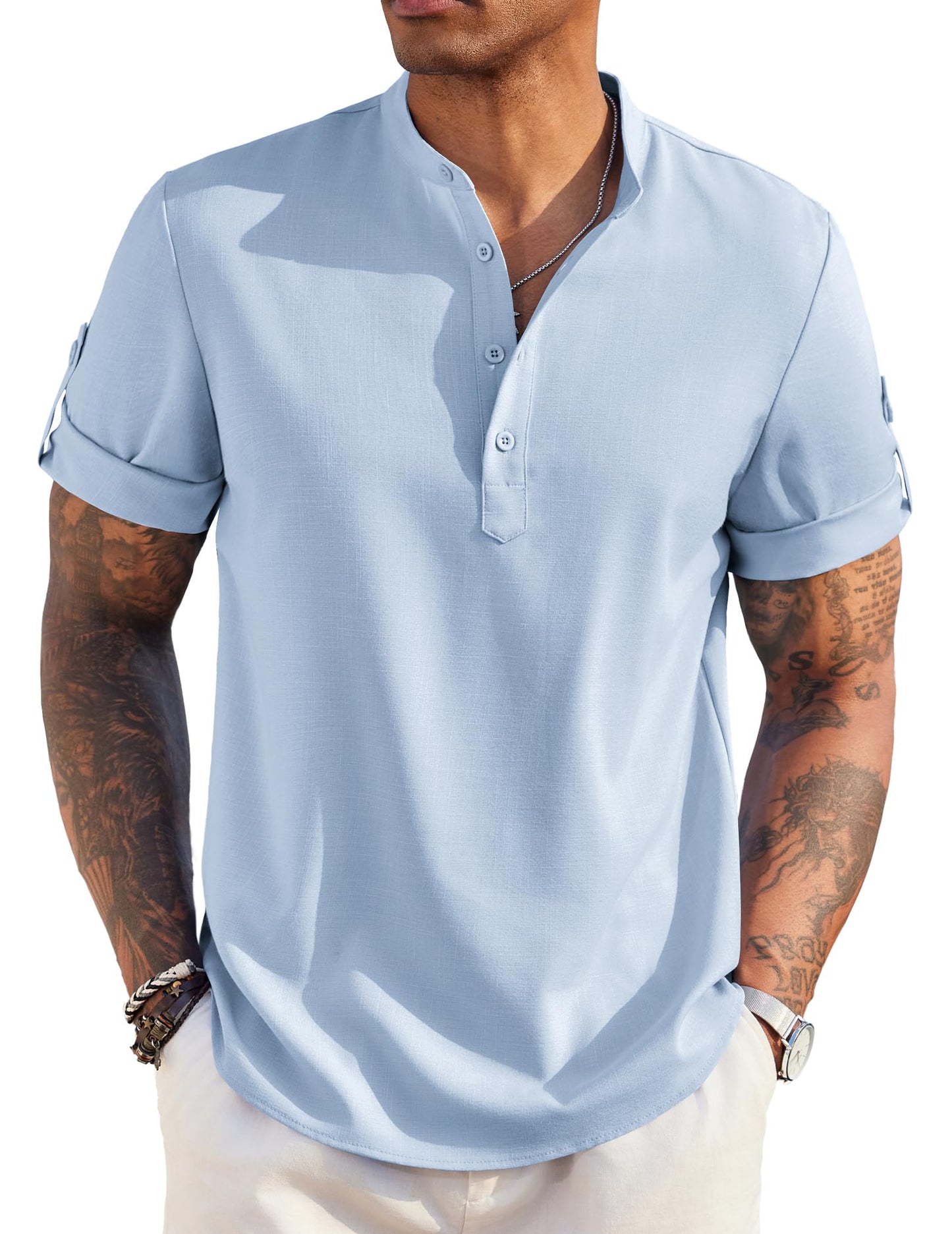 COOFANDY Men's Casual Henley Shirt Short Sleeve Band Collar Linen Shirt Summer Beach Hippie T-Shirts