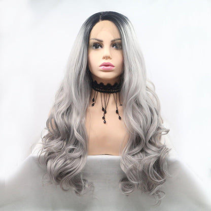 Glamorous long wavy wig with gray ombre effect, 130% density lace front synthetic hair for fashionable look.