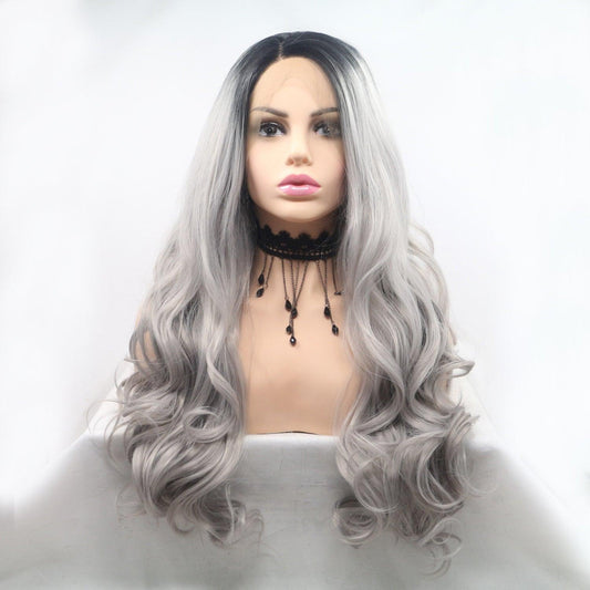 Glamorous long wavy wig with gray ombre effect, 130% density lace front synthetic hair for fashionable look.