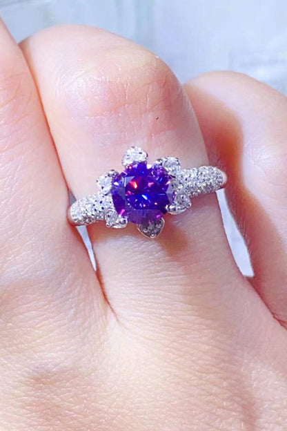 Elegant Moissanite Flower Ring - Sparkling 925 Sterling Silver Engagement Ring with Violet Gem