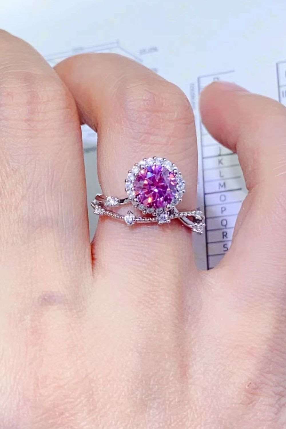 Elegant Moissanite Ring - 1 Carat Purple Gem on Silver Band with Floral Accents