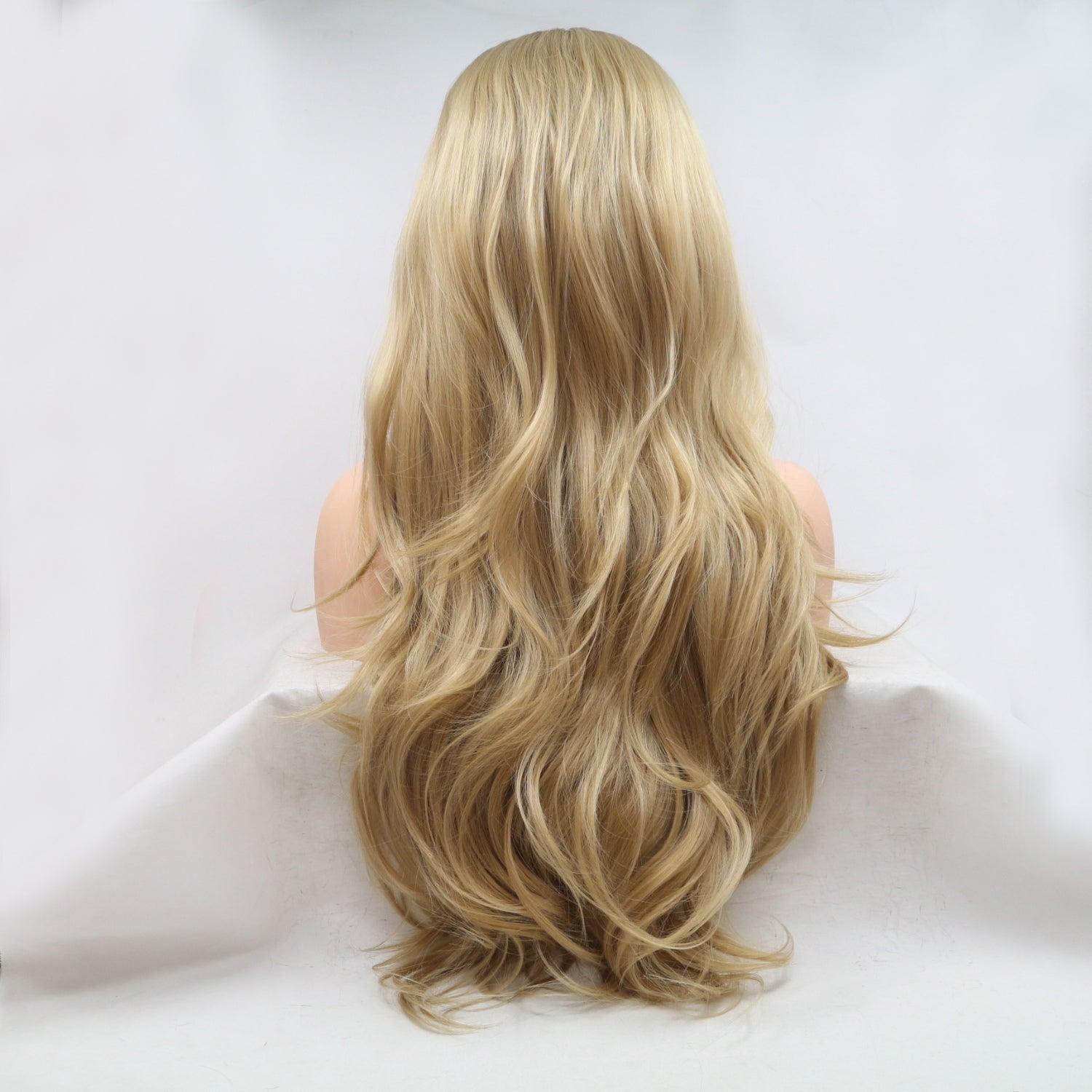 Lush and flowing long blonde wig with wavy, volumized texture on display