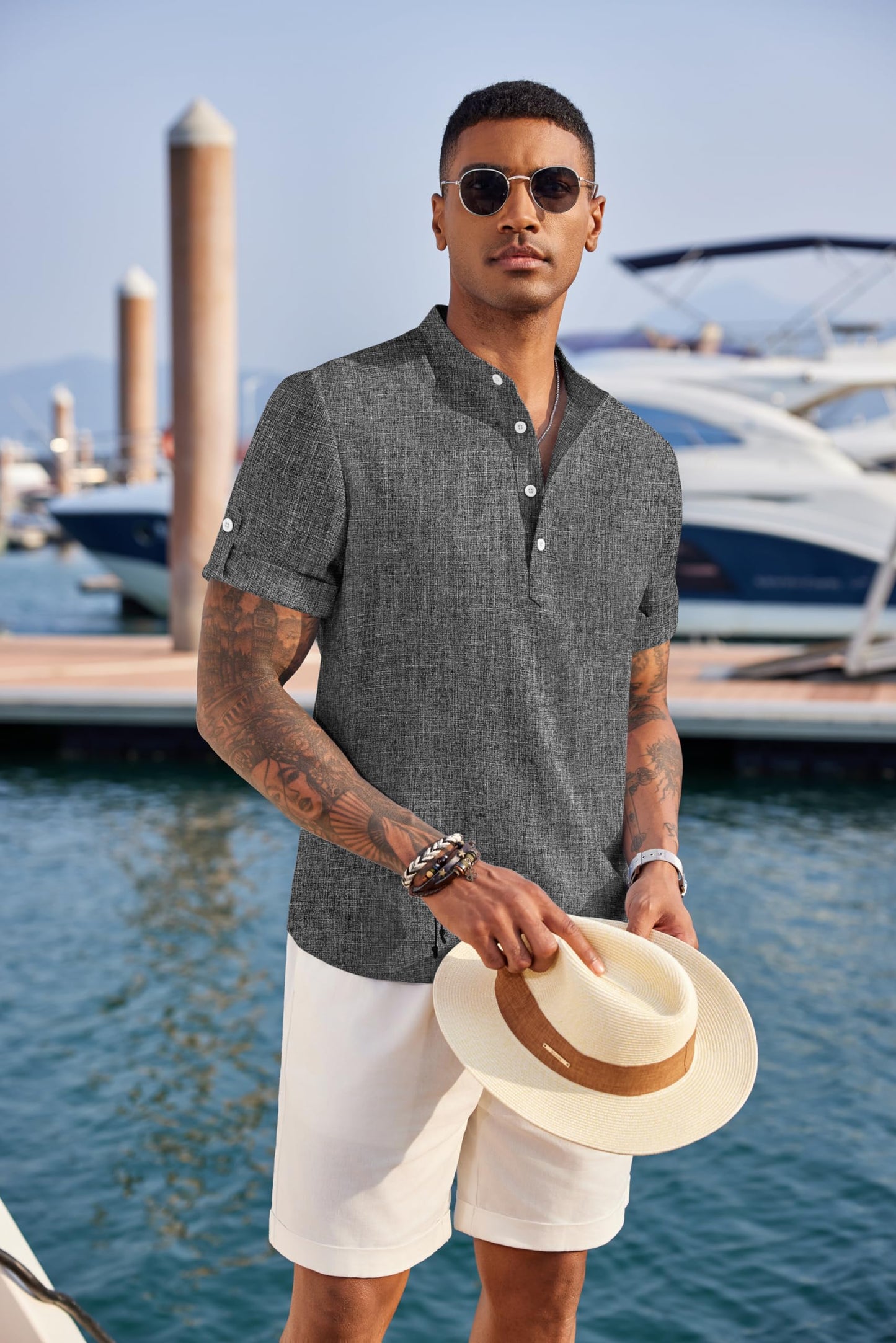 COOFANDY Men's Casual Henley Shirt Short Sleeve Band Collar Linen Shirt Summer Beach Hippie T-Shirts