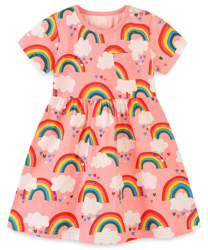 Bumeex Toddler Girl Clothes Cotton Casual Cartoon Print Short Sleeve Dress Girls Sundress 1-7 Years