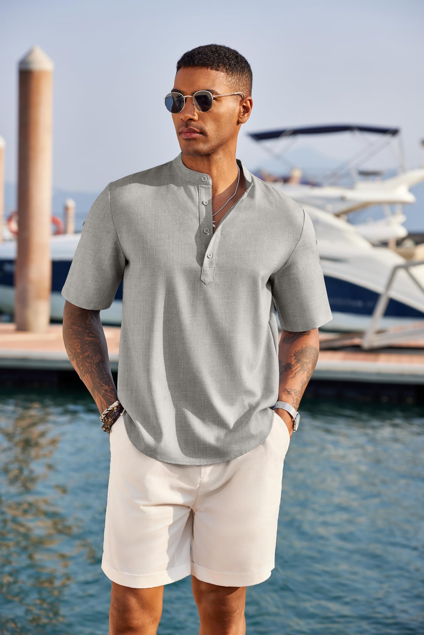 COOFANDY Men's Casual Henley Shirt Short Sleeve Band Collar Linen Shirt Summer Beach Hippie T-Shirts