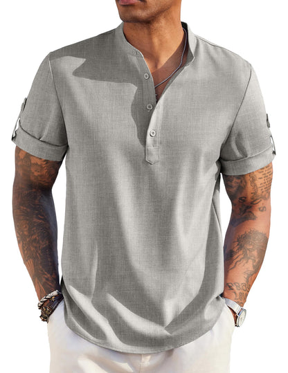 COOFANDY Men's Casual Henley Shirt Short Sleeve Band Collar Linen Shirt Summer Beach Hippie T-Shirts