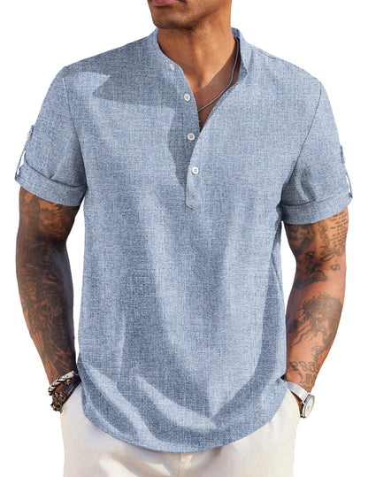 COOFANDY Men's Casual Henley Shirt Short Sleeve Band Collar Linen Shirt Summer Beach Hippie T-Shirts