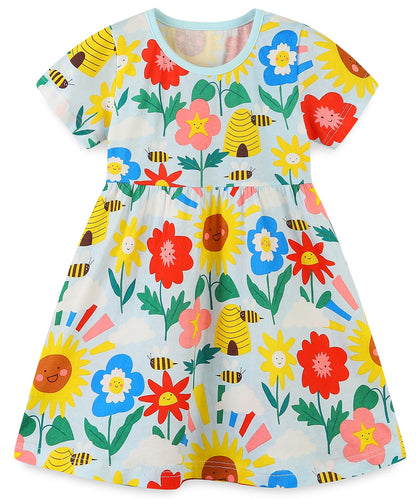 Bumeex Toddler Girl Clothes Cotton Casual Cartoon Print Short Sleeve Dress Girls Sundress 1-7 Years