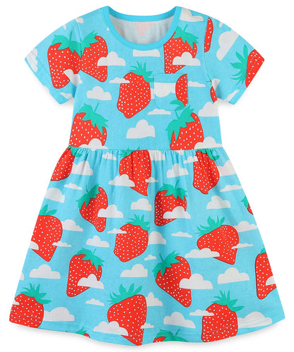 Bumeex Toddler Girl Clothes Cotton Casual Cartoon Print Short Sleeve Dress Girls Sundress 1-7 Years