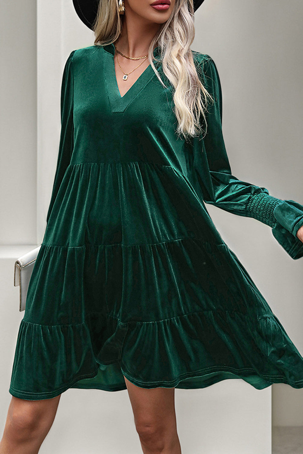 Evergreen Long Sleeve V Neck Velvet Short Dress