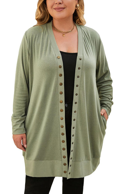 Green Plus Size Snap Buttons Front Knit Cardigan - KevRow5760