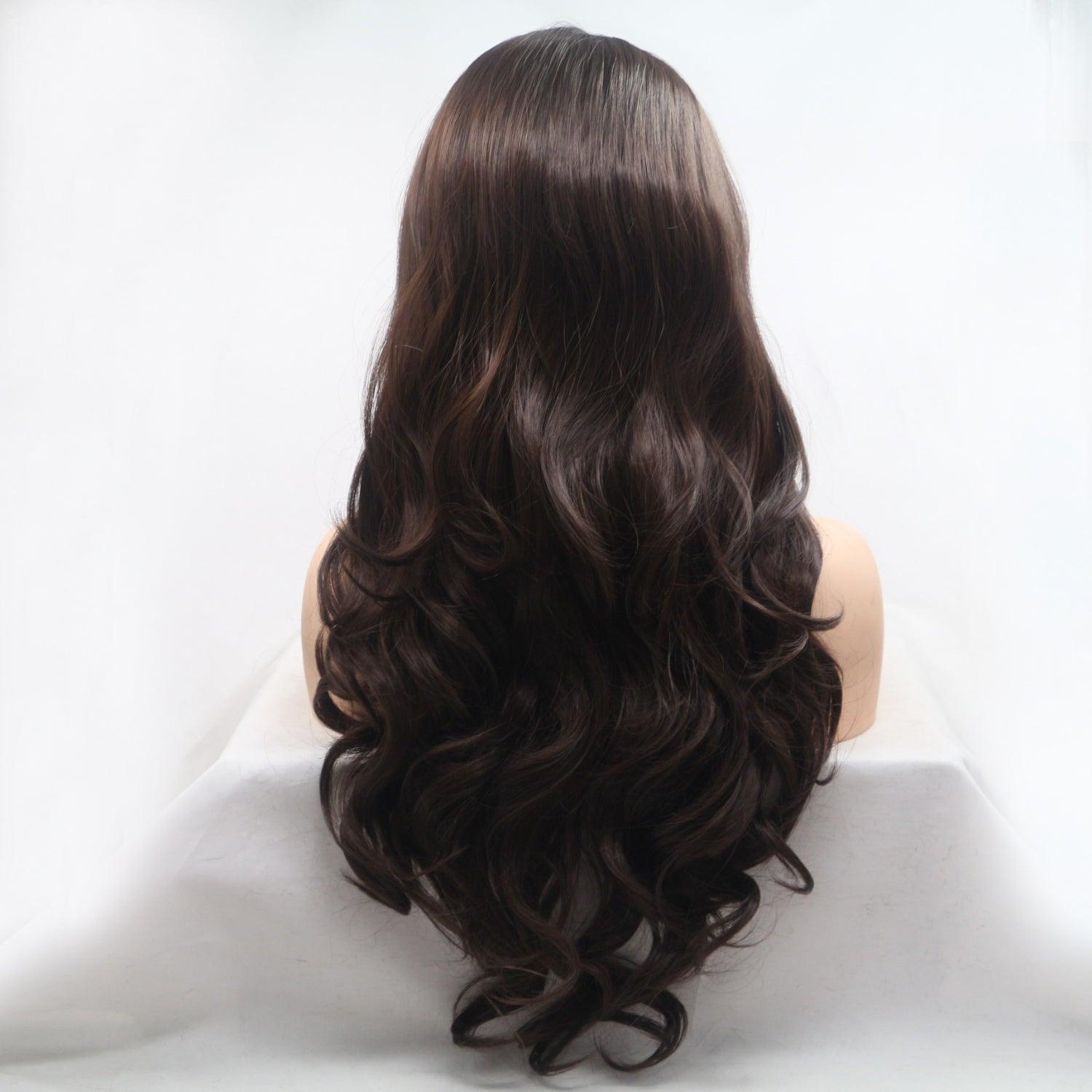 Long, wavy dark brown synthetic wig with 130% density and 24-inch length