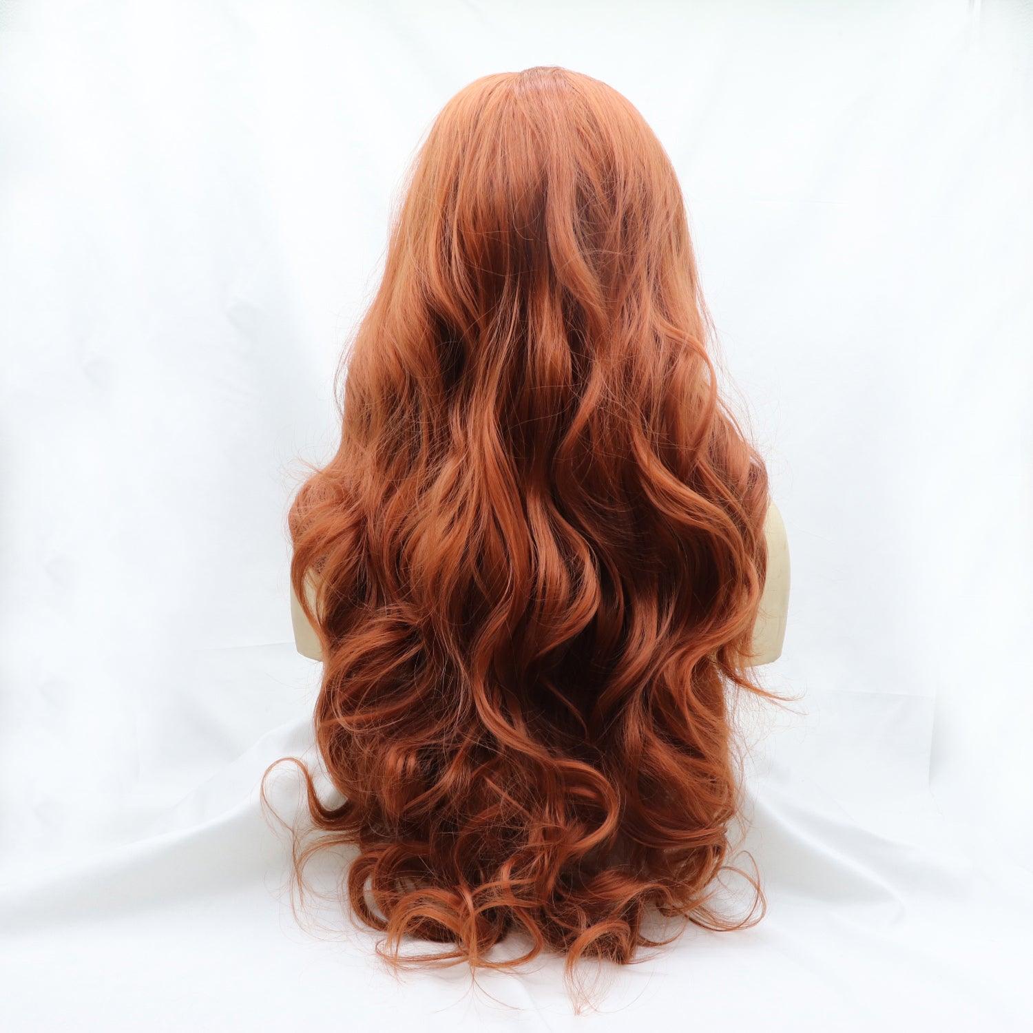 Long, wavy ginger-colored wig with voluminous curls and a natural appearance.